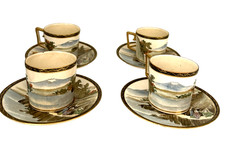 Set of 4 Antique Japanese Satsuma Demitasse Cups & Saucers Mt Fuji Hand Painted picture