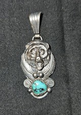 Vintage Native American Sterling Silver Turquoise Bear Head Pendant picture