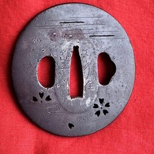 Mid Edo Signed Japanese Iron Tsuba Tatsuta River Cherry Sukashi Guard 72 mm picture