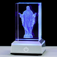 YWHL 3D Crystal Sacred Heart of Jesus Figurine with Colorful Light Base, Laser E picture