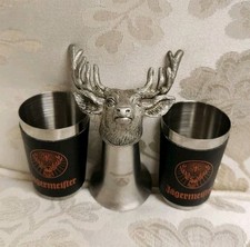 Jägermeister Shot Glasses - 1 Pewter Deer Stag Head & 2 Leather Wrapped Metal picture