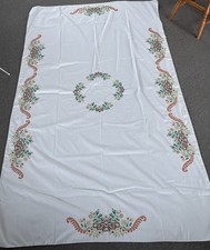 Beautiful Large White Tablecloth With Hand Cross Stitch 58” X 98” picture