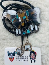 Vintage C31 Native American Zuni Sterling Silver Shell Turquoise Horse Bolo Tie picture