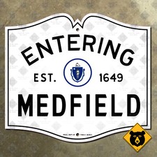 Entering Medfield Massachusetts city limit highway marker road sign 1950 12x10 picture