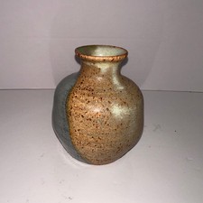 Vintage Ceramic Stoneware Pottery Vase Blue & Tan Drip Speckled Glaze 5
