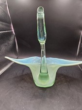 VINTAGE DUNCAN MILLER GREEN OPALESCENT HAND BLOWN ART GLASS SWAN BASKET picture