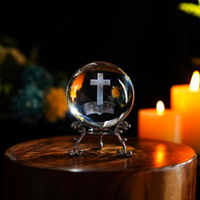 ZEERSHEE 3D Laser Engraved Cross Bible Crystal Ball with Stand Religious Christi picture