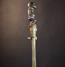 African Fly Whisk Staff – Carved Tribal Handle With Beads Cowrie Vintage -G4891 picture