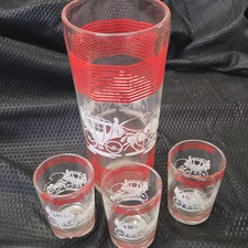 Vintage Hazel Atlas MCM 4pc Shot Glass/Shaker Set Red/White Painted Carriage picture