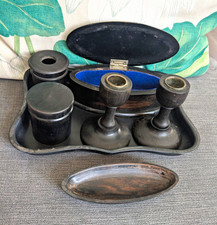 Antique Real Ebony Wood & Vtg Plastic Vanity Dressing Table Set Tray Candle Hold picture
