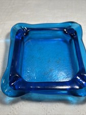 Mid Century Ashtray Blue Studio Art Glass 5” Square. Ships In A Box. picture
