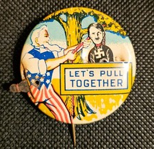 WWII Lets Pull Together Mechanical Hitler Uncle Sam Pin Evans Novelty Co 1941 picture