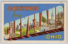 Cleveland OH Postcard Large Letter Linen Genuine Curt Teich Ohio Vintage Old picture
