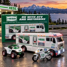 Hess 2018 Toy Truck RV with ATV and Motorbike  Lights Loading Ramp New box wear picture