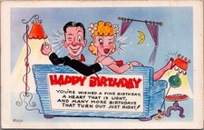 Vintage Happy Birthday Winking Couple Cartoon Postcard Noble Greeting picture