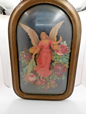 Vintage Victorian Guardian Angel Chromolithograph Convex Bubble Glass Oval Frame picture