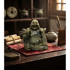 Vintage Hand Carved Soapstone Laughing Buddha Hotei Figurine Green Grey 2