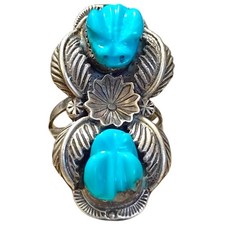 Astute Bennie Bowekaty Zuni Fetish Carved Frog Morenci turquoise Ringsz6 picture