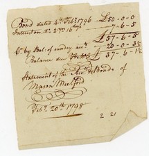 1796–1798 Handwritten Bond Account Statement Mason Mulford Cumberland NJ Bond picture