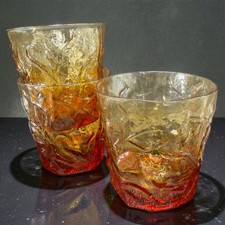 1970s Seneca Driftwood Amber Crinkle Glass Glasses Tumblers Cups Set 3 Vintage picture