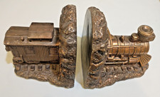 Vintage Train Bookends Steam Locomotive Caboose Railroad Decor Set Pair picture