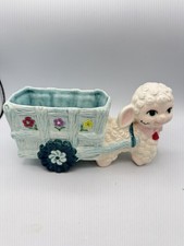 Vtg 1970s Eur-O-Con Lamb Sheep Cart Planter Ceramic Aqua Flower picture