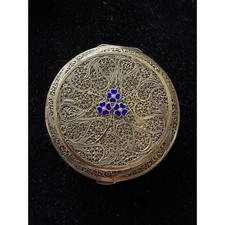 Vintage Portuguese Filigree Silver Compact w/ Blue Enamel Flowers picture