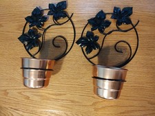 Vtg Pair of Green Metal Ivy Leaf Wall Hanger w/ Copper Pot picture