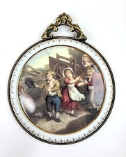 VTG Wall art Porcelain plaque Brass Frame Royallux Italy children playing picture