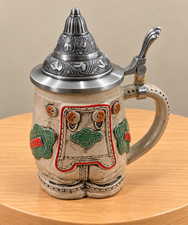 Bavarian Lederhosen Beer Stein Pewter Lid Oktoberfest German Style Ceramic picture
