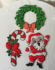 Vintage 1970s Melted Plastic Popcorn Christmas Decor Santa Wreath Candy Cane picture