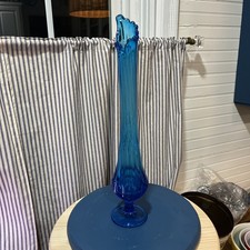 Vintage Fenton Colonial Blue Thumbprint Swung Vase 17” picture