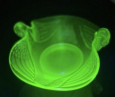 Vintage Fenton Green Uranium / Vaseline Glass Double Swan Handles Bowl picture