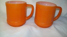 2 FEDERAL GLASS ORANGE BARREL STYLE MILK GLASS D HANDLE MUGS STACKABLE picture