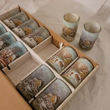 Vintage Currier Ives Holiday Candle Collection Sugar Frosted 5” Glass Set of 12 picture