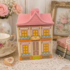 Vintage 1989 Avon townhouse, tea room, ceramic canister, pink roof cottage core picture