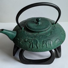 New Teavana Cast Iron‎ Green Teapot W/Lid Elephants Parade Safari 3D picture
