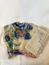 Lot of 4 Vintage Floral Print Cotton Handkerchiefs Beige/Multicolor Scalloped picture
