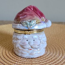VTG Ceramic Santa Claus Face Trinket Jewelry Box Hinged Gold Trim Lid Christmas  picture