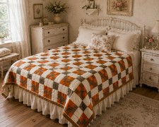 VTG Handmade Appalachian Grandma Orange Brown Patchwork Quilt  85 x 75 picture