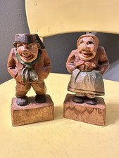 Vintage Hand Carved Wood Folk Art Man Woman Figurines European Couple Set 4.75” picture