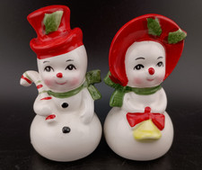 Vintage Japan Mr Mrs Snowman Christmas Salt Pepper Shakers Set Mid Century picture