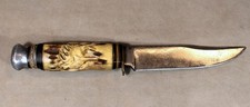 1950's EDGE MARK German Solingen Hunting Knife - Antler Handle Carved with Stag picture
