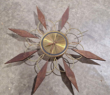 Mid Century Modern Sunburst Welby Wall Clock Gold Metal  Wood, Analog Round picture