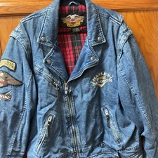Harley-Davidson Denim Jacket with Patches and Red Plaid Lining picture
