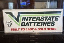 INTERSTATE BATTERIES Embossed Tin Metal Dealer Sign Used GUC 60x24” (5ft x 2ft) picture