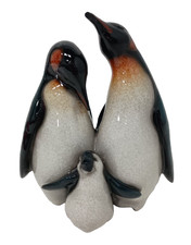 Penguin Couple With Baby Figurine Ceramic Decorative Collectible Painted NEW picture