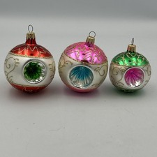 3X Vintage Triple Indent Blown Glass Ornaments  Gold Pink Blue Silver Colombian picture