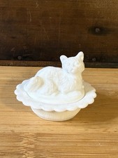Mosser White Milk Glass Cat On Nest Glass Salt Cellar White Kitty Trinket Box  picture
