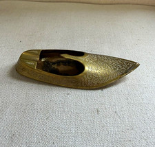 Vintage Indian Brass Slipper Shoe Ashtray Hand Engraved Aladdin Trinket Dish picture